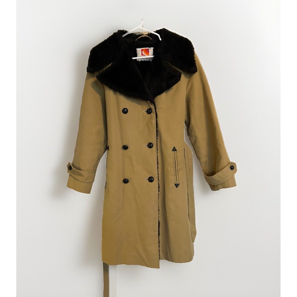 Vintage 70s Paul‎ Harris Black Faux Fur Tan Button Trench Coat M Mod Retro Boho